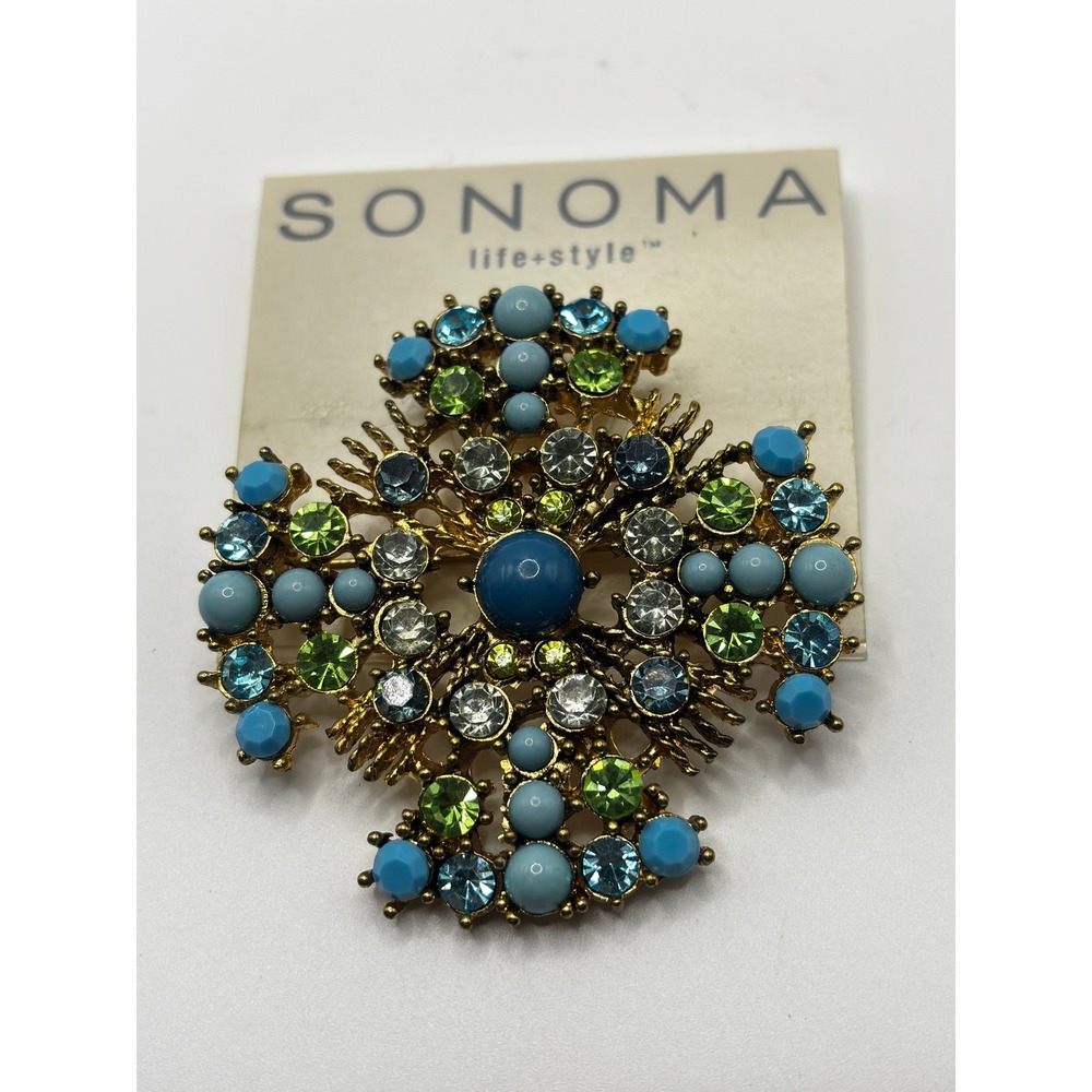 Sonoma Maltese Cross Brooch Womens OS Blue Green Gold Tone Rhinestone Statement